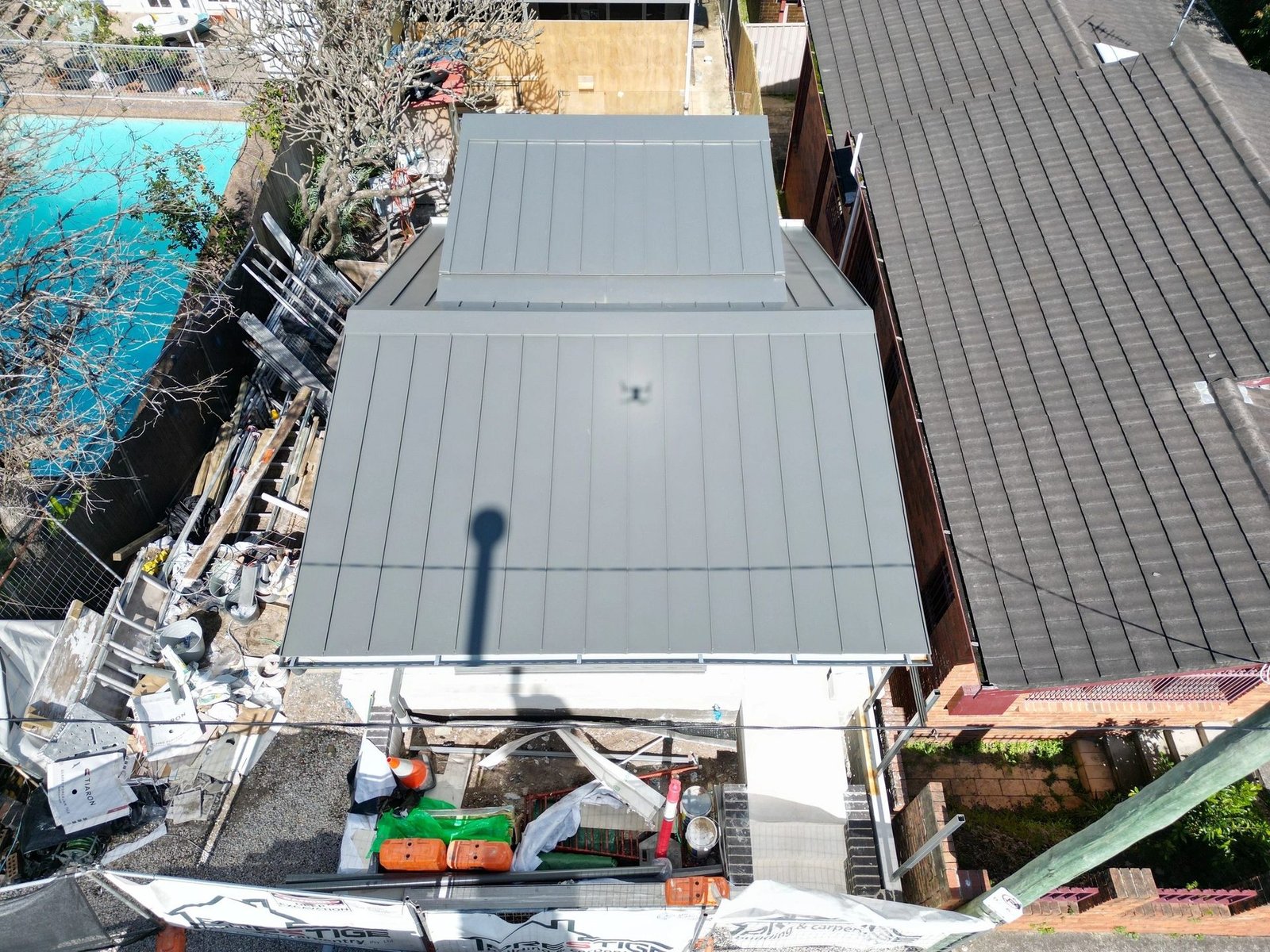 Completed standing seam metal roof, aerial view